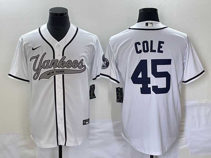 Mens New York Yankees #45 Gerrit Cole White With Patch Cool Base Stitched Baseball Jersey